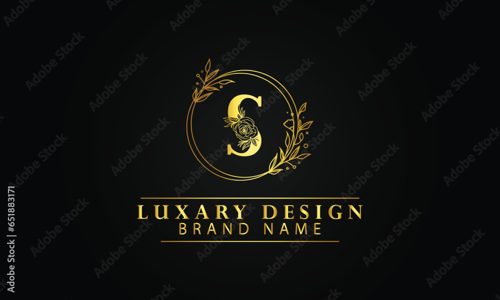 Naklejka premium Letter S luxury circle flourish shape logo design template with black background 