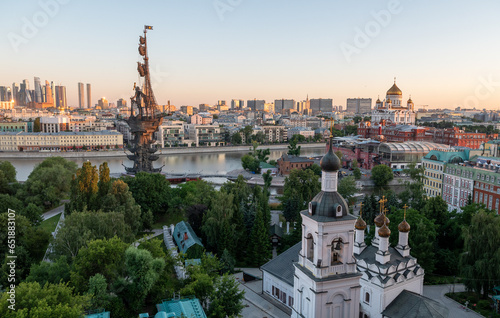 July 16, 2022, Moscow, Russia. View of the monument to Peter the Great by Zurab Tsereteli in the center of the Russian capital on a summer morning