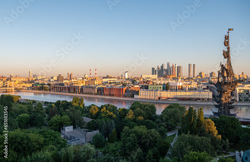 July 16, 2022, Moscow, Russia. View of the monument to Peter the Great by Zurab Tsereteli in the center of the Russian capital on a summer morning
