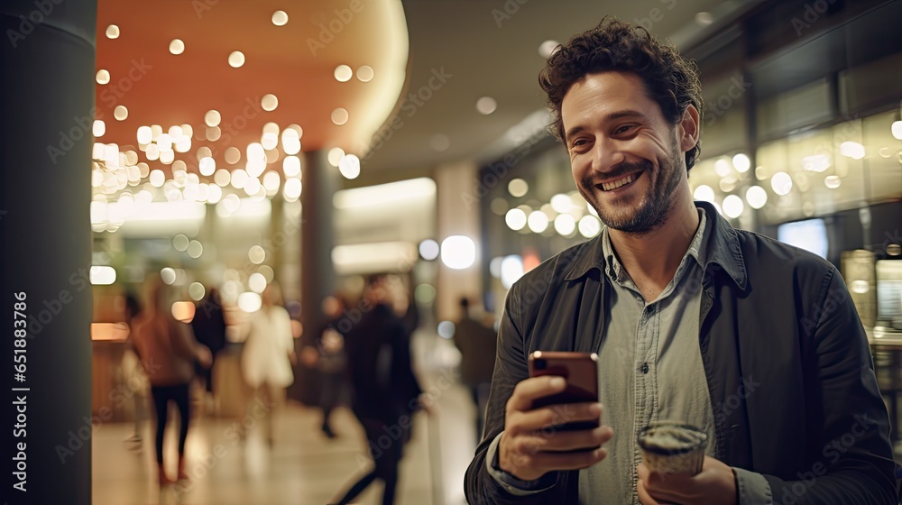 Naklejka premium Happy handsome young man holding smartphone standing smiling in shopping mall lights
