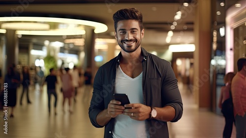 Happy handsome young man holding smartphone standing smiling in shopping mall lights