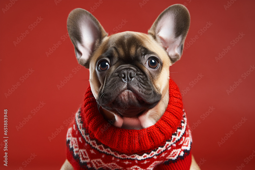 Portrait of French Bulldog dog puppy with red knitted winter sweater on red background
