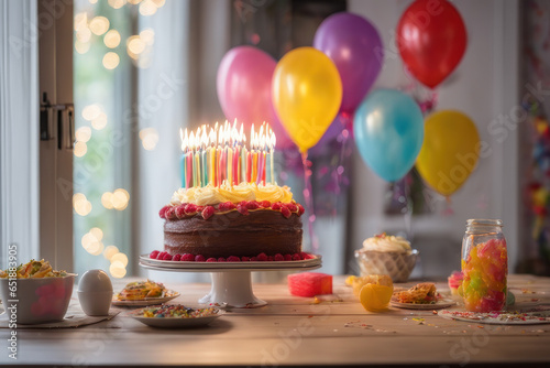 Birthday cake with candles and balloons