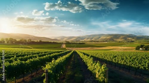 a peaceful, sun-drenched vineyard, with rows of grapevines stretching as far as the eye can see