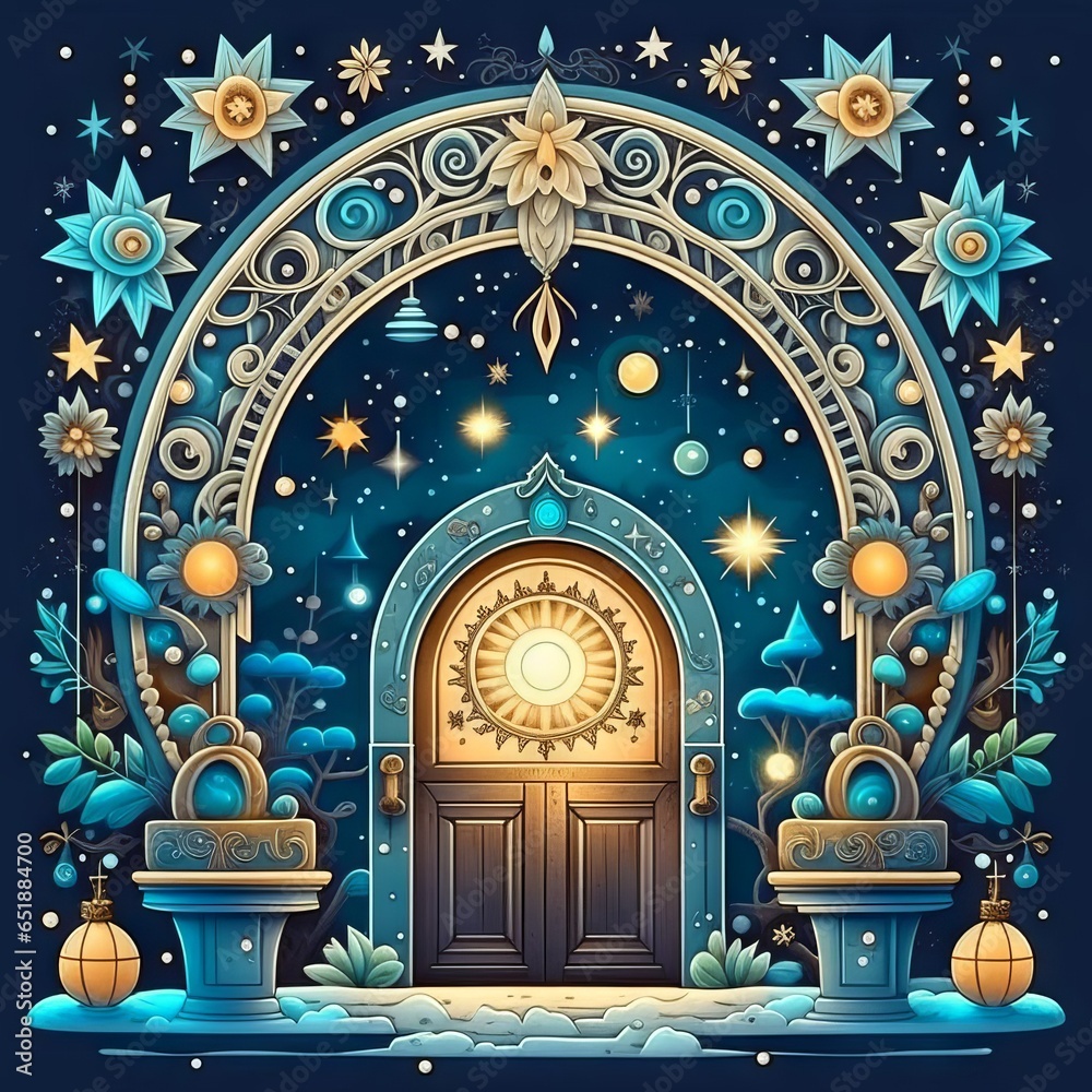 Magic Happy New Year greeting card with Christmas tree, gifts, candies, door in magic luxury room. Merry holiday illustration.
