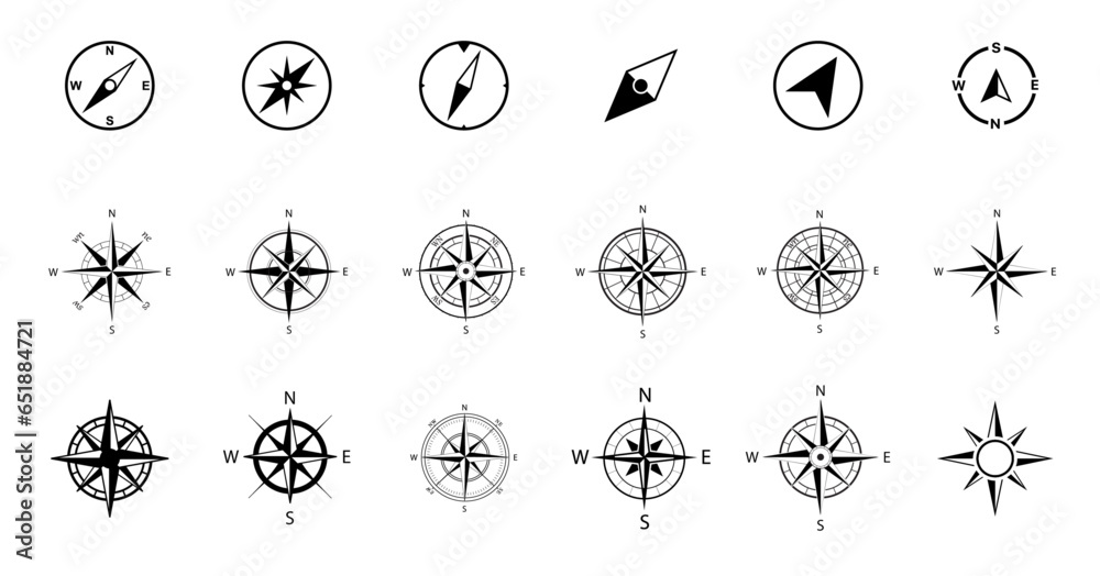 Compass simple icon set. Compass symbol set. Wind rose icon. Vector - obrazy, fototapety, plakaty 
