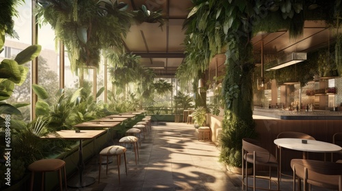 Green, inviting coffee shop or restaurant interior