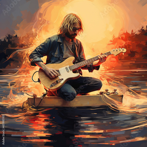 kurt cobain playing his custom made skate board guitar on a wooden boat floating down a lake of fire photo