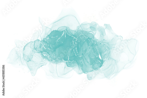 Watercolor alcohol ink liquid splash on white background. Blue mint water color stain.