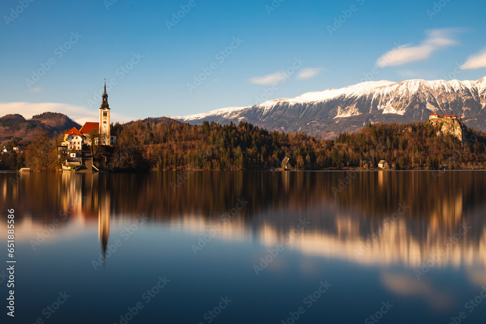 Lake Bled. mountain lake with a pilgrimage church. Slovenia's most famous lake and island Bled with the Pilgrimage Church of the Assumption and Bled Castle in the background.