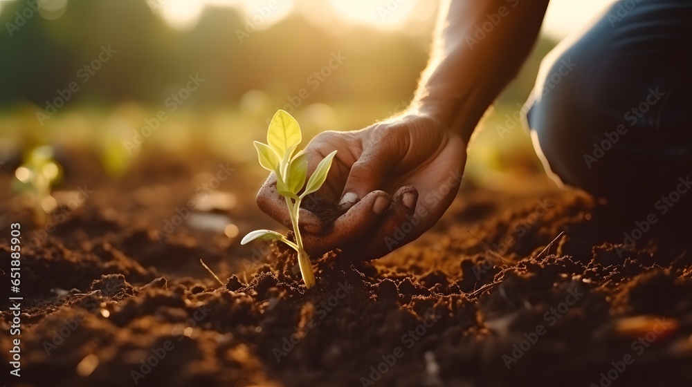 Male hands touching soil on the field. Expert hand of farmer checking soil health before growth a seed of vegetable or plant seedling. Business or ecology concept. - obrazy, fototapety, plakaty 