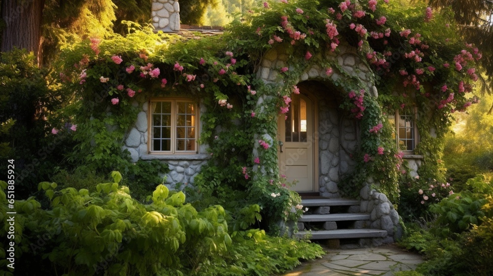 a picturesque vine-covered cottage in a countryside garden, surrounded by lush greenery and fragrant flowers