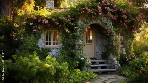 a picturesque vine-covered cottage in a countryside garden  surrounded by lush greenery and fragrant flowers