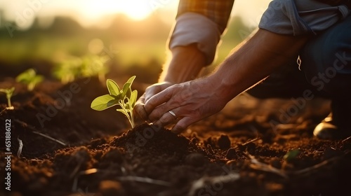 Male hands touching soil on the field. Expert hand of farmer checking soil health before growth a seed of vegetable or plant seedling. Business or ecology concept.
