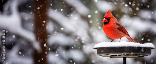 Fotografering red cardinal bird in winter.