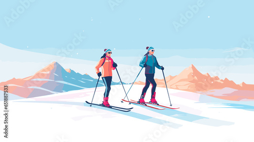 simple vector illustration, copy space, simple colors, 2 persons cross-country skiing. Illustration for publicity on a ski resort. Copy space available. Winter sports theme.