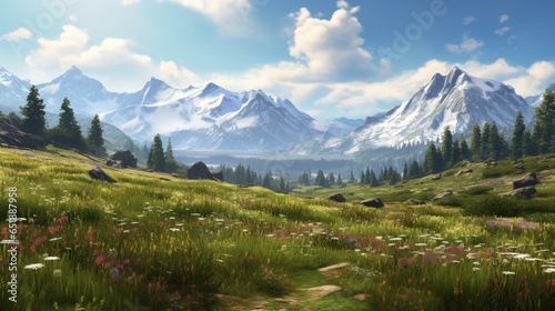 a serene alpine meadow, with snow-capped peaks in the distance and a carpet of wildflowers in the foreground