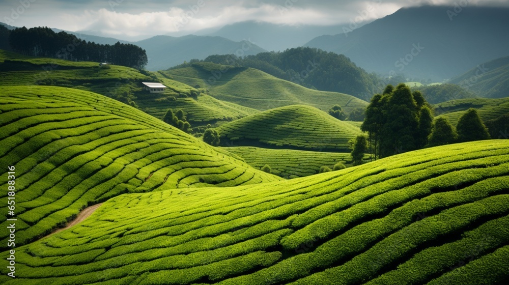 a serene, emerald-green tea plantation on rolling hills, with tea bushes neatly arranged in rows - obrazy, fototapety, plakaty 