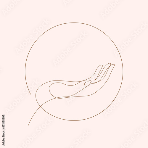 hand holding care concept in round shape thin line illustration