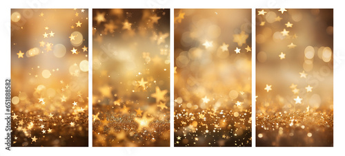 A set of vertical backgrounds and backdrops in the same style for the design of mobile phone presentations or instagram stories: Golden glowing bokeh and stars on a dark background soft focus