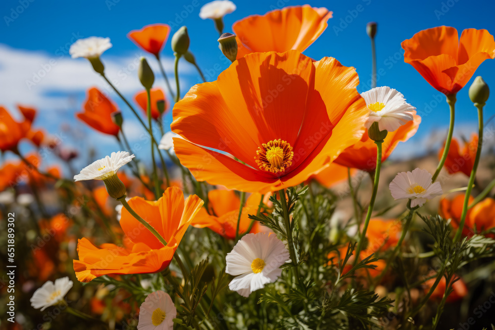 Obraz premium Orange California Poppy and Grasshopper: Vibrant wildflower meets lively insect in California's Orange County 