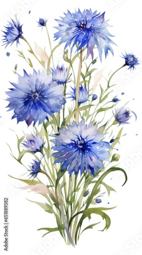 Bouquet of wildflowers Cornflower on a white background in watercolor style