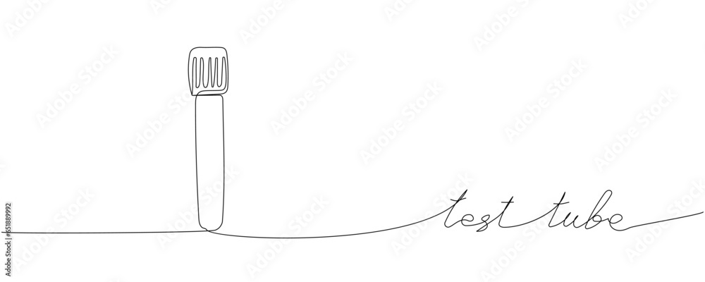Test tube, medical tests, medical supplies, equipment one line art. Continuous line drawing of laboratory, research, medication, healthcare, clinical, healthy with inscription, lettering, handwritten.