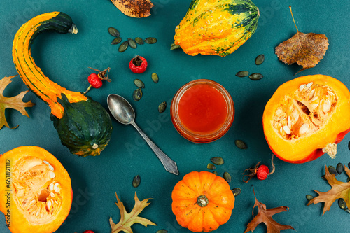 Pumpkin jam on table, autumn still life.