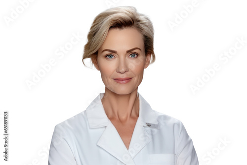 portrait of gentle adult doctor woman in medical uniform, png isolated on white transparent background for healthcare purposes