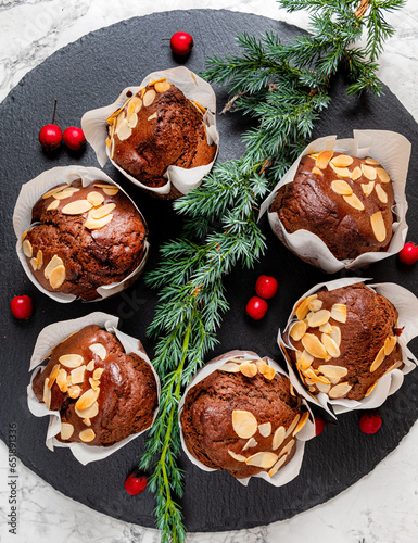 chocolate muffins with almond and berries