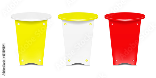 Blank cocktail table vector mockup. Trade show round counter display stand mock-up. Template for design. Easy to recolor
