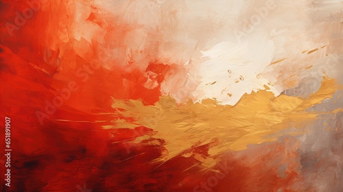 Abstract background with strokes of paint in red and gold colors. Artistic painting with oil or acrylic paints. Drawing with paints. Generative AI.
