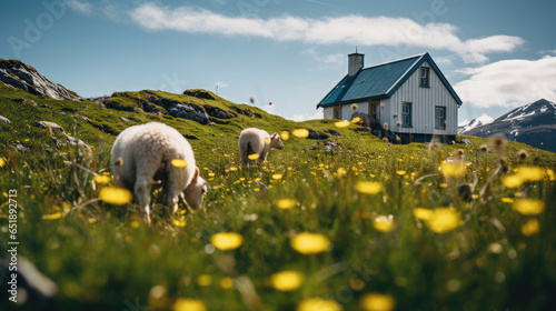 A picturesque house on the top of a hill, mountain farm with sheep