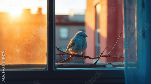 Cute sparrow bird perched on a window of a house