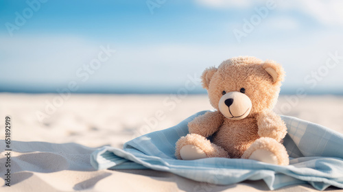 Adorable teddy bear plush sitting on a towel at a beach