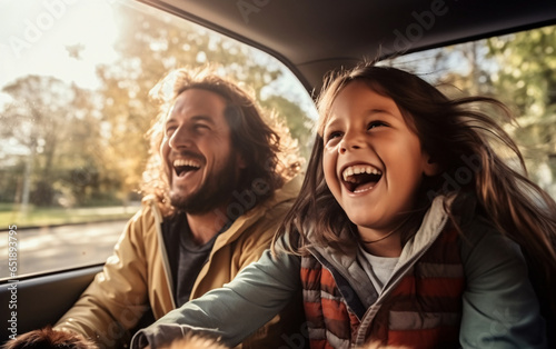 Family father and daughter travel together by car and have fun in the autumn city © perfectlab