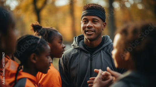 A dedicated football coach instructing a group of young players on serving techniques during a practice session. photo