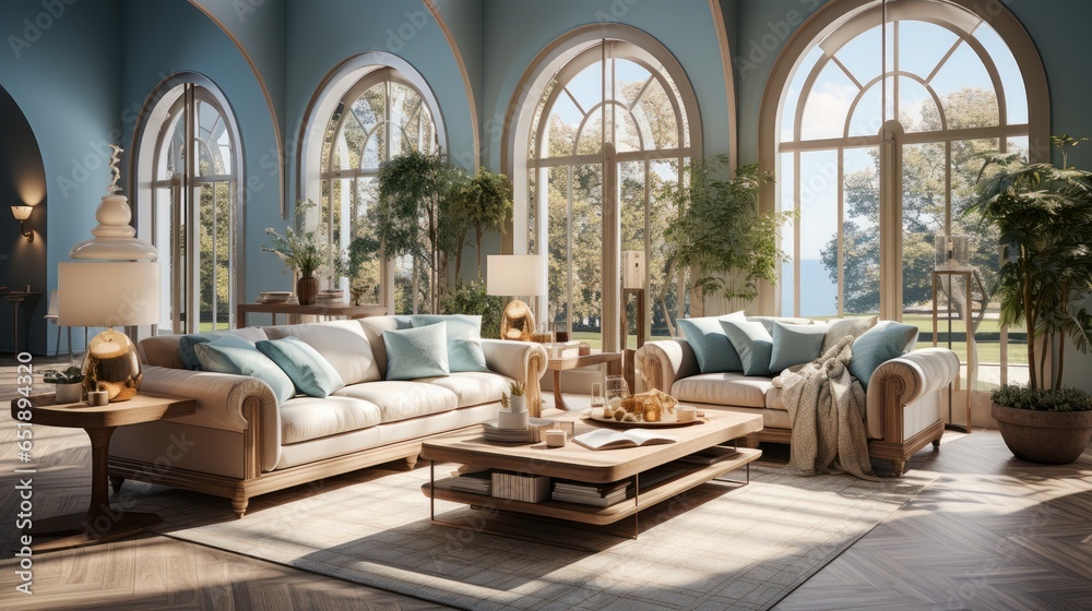 Interior of elegant modern living room in luxury villa. Stylish cushioned furniture, wooden coffee table, houseplants, arch windows overlooking beautiful landscape. Hollywood glamor in home design.