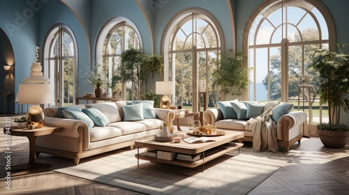 Interior of elegant modern living room in luxury villa. Stylish cushioned furniture  wooden coffee table  houseplants  arch windows overlooking beautiful landscape. Hollywood glamor in home design.