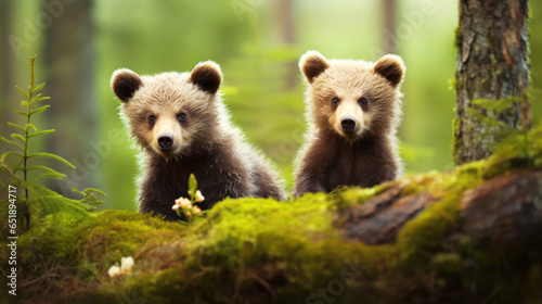 Close-up of cute brown bear cubs in the forest