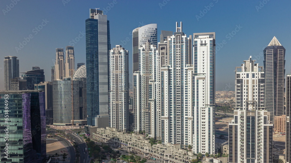 Bay Avenue during sunrise with modern towers in Business Bay aerial, Dubai