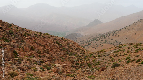 Les gorges de l’assif Tessaoute, avec la verdure, du brouillard, promenade matinale, montagne Atlas, rochers rouges contrastes, beauté naturelle, vallée marocaine, végétation sèche, terre grise  photo