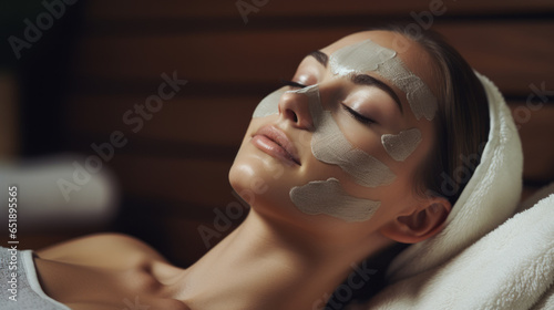 Beautiful woman lies back in spa with her eyes closed, embracing a moment of relaxation and rejuvenation as her face is gently covered by a soothing face mask.