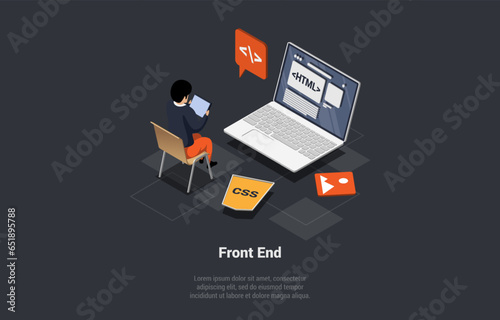Front And Back End Of Development, Responsive Web Design, Website Interface and Programming. Man Developer Coding Website Using CSS, Python, C And HTML Languages. Isometric 3d Vector Illustration