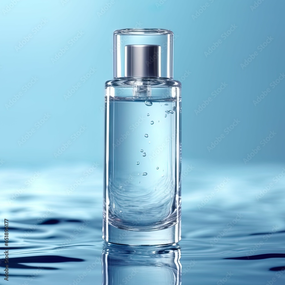 bottle of perfume with water splash on a blue background  - obrazy, fototapety, plakaty 