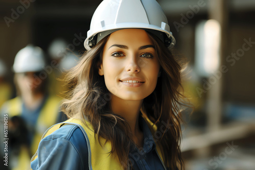worker woman on construction site, AI generated