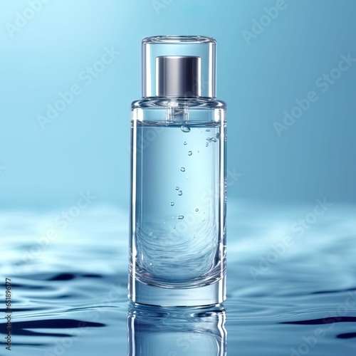 bottle of perfume with water splash on a blue background 