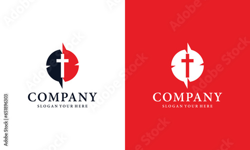 Red Christian cross church logo. Christianity symbol of Jesus Christ. Natural brush strokes with rough edges. Silhouette outline of cross.