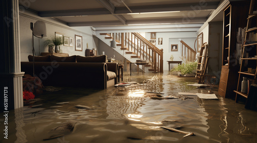 water damage in the basement due to flooding. ai generative