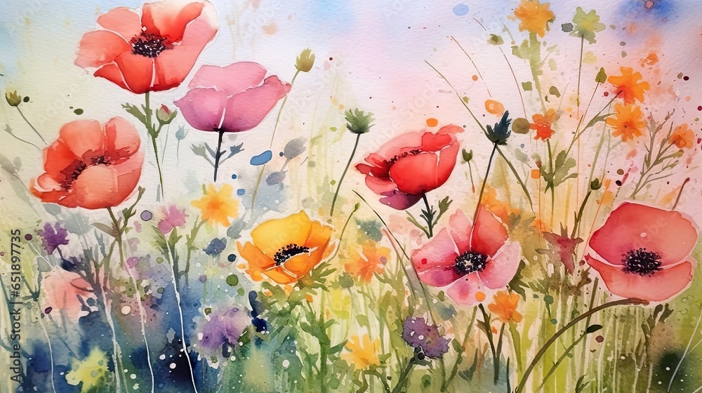 Vibrant Summer Flowers in Watercolor Aquarelle Painting Style